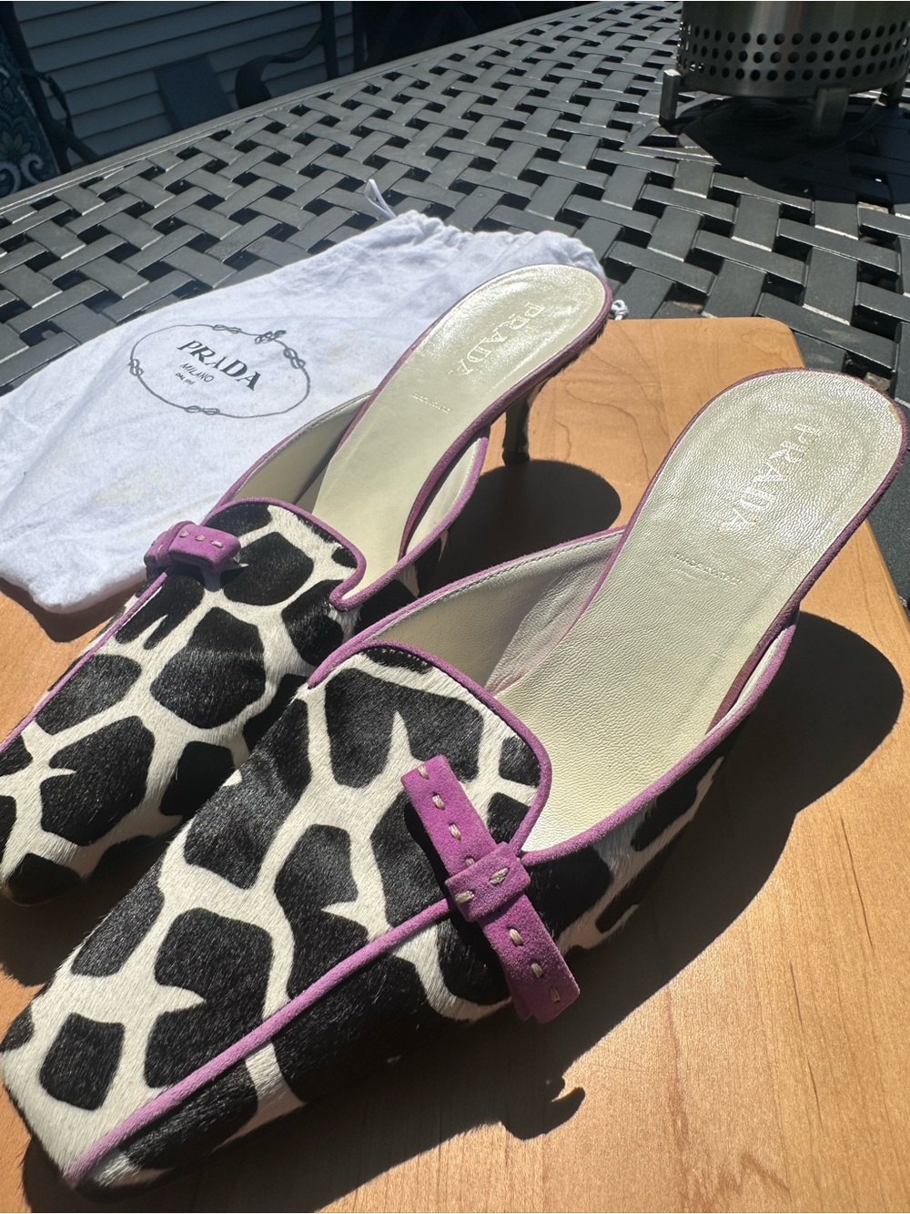 Prada Black & White Giraffe-Print Mules with Purple Trim - Picture 2 of 5